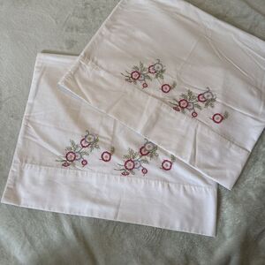 Vintage Pillowcase Pair Embroidered Pastel Flowers Grandma Cottage Core